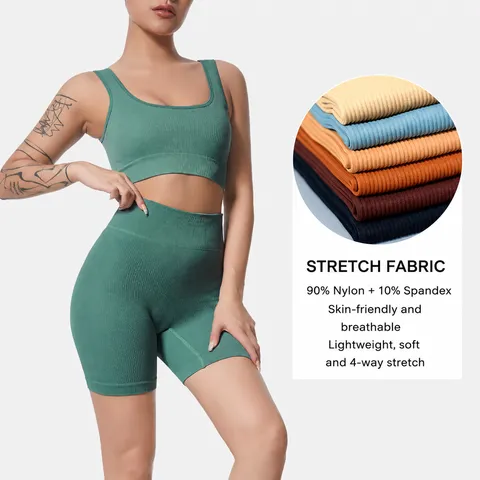 Women Seamless Ribbed Yoga Set V-Neck Crop Top And High Waist Shorts Athletic Fitness Workout Gym Activewear Suit