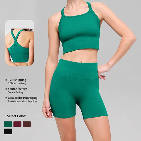 Women Seamless Ribbed Yoga Set Criss Cross Sports Bra High Waist Running Shorts Fitness Athletic Workout Activewear