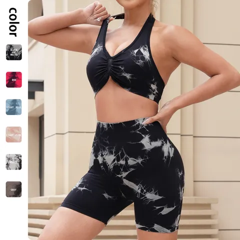 Women Seamless Tie-Dye Yoga Set Halter Backless Sports Bra High-Waist Butt Lifting Shorts Activewear Workout Gym Fitness Outfit