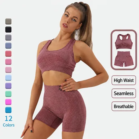 Women Seamless Yoga Fitness Set Racerback Tank Top High Waist Butt Lifting Shorts Athletic Gym Workout Activewear Two Piece Set