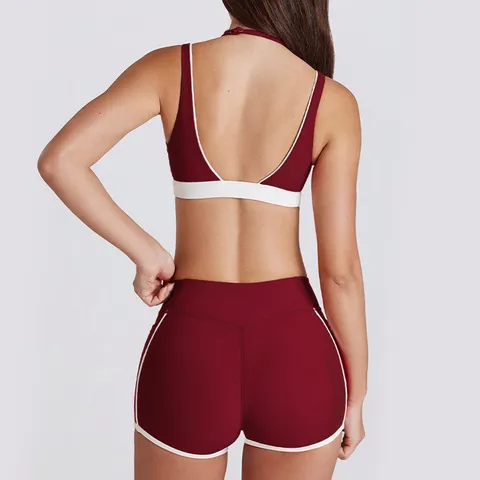 Women Fitness Yoga Activewear V-Neck Halter Sports Bra and Shorts Top And Bottom Seamless Wicking Gym Workout Athletic Outfit