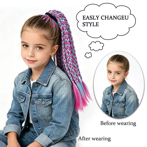 Halloween Kids Colorful Braids Wig Ponytail With Elastic Band Synthetic Fiber Gradient Braid Hair Extensions Party Hair Accessories
