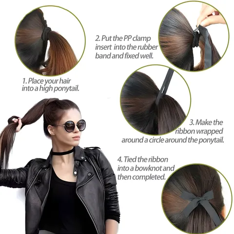 Long Straight Ponytail Extension Synthetic High-Temperature Fiber Ribbon Tie-In Ponytail Hairpiece with Bowknot For Women Daily Hair Styling