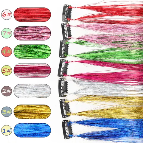Laser Glitter Tinsel Clip In Hair Extensions Colorful Synthetic Straight Hairpiece For Halloween Cosplay Party Women Decoration