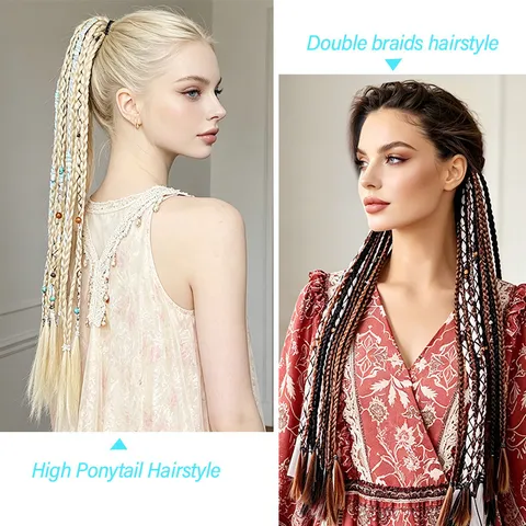 Bohemian Synthetic Braided Ponytail Extension With Elastic Band Hand-Woven Long Hair Bundle With Beads For Women Daily Party Hair Accessories