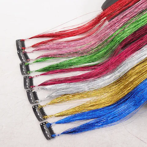 Laser Glitter Tinsel Clip In Hair Extensions Colorful Synthetic Straight Hairpiece For Halloween Cosplay Party Women Decoration