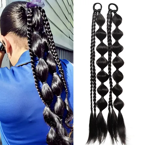 Trendy Synthetic Hair Bubble Braid Extension Long Double Ponytail Twisted Braid Ribbon Wig Ponytails For Women Daily Party Styling
