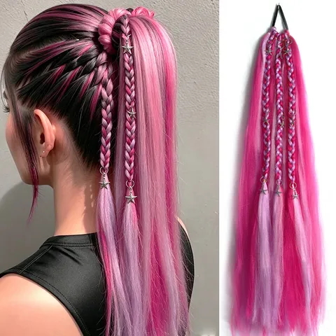 Extensión de Coleta Trenzada Sintética Bohemio Con Amuletos de Estrella de Metal Accesorio de Cabello Largo Lacio Degradado para Fiesta Mujer