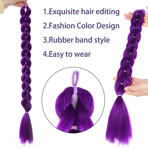 Trendy Purple Long Braided Wig Ponytail Synthetic High Temperature Fiber Hair Extension For Women Party Costume Role Play