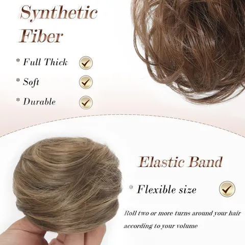 Chignon Coiffé Décoiffé en Fibre Synthétique Résistante à la Chaleur Naturelle Élastique Donut Moelleux Postiche Extension de Cheveux pour Femmes