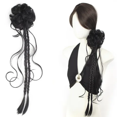 New Chinese Style Synthetic Fiber Braided Wig Ponytail Side Bun Braids For Women Atmospheric Elegant Hair Extensions Hair Accessories