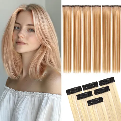 Extensiones de Cabello Liso con Clip para Mujer Fibra Sintética Postizos Largos Naturales Juego de Extensiones Resistente al Calor