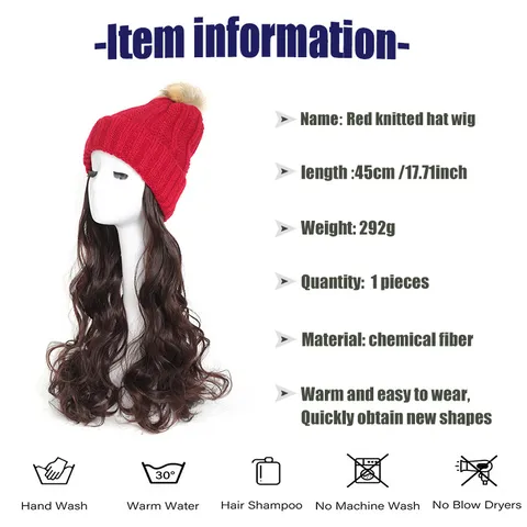 Women Winter Knitted Beanie Hat With Long Wavy Synthetic Hair Wig Fleece Lined Warm Pom Pom Integrated Wig Hat Hairpiece
