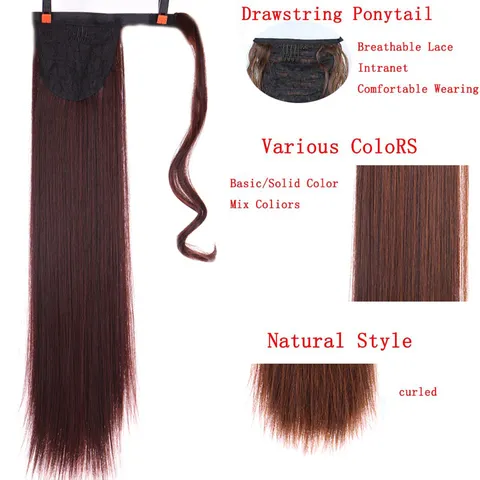 Long Straight Wrap Around Ponytail Extension Synthetic High Temperature Fiber Hairpiece With Hook And Loop Closure For Women Daily Wear Party Use