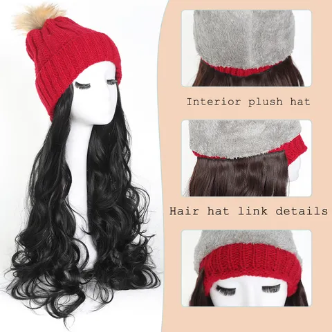 Women Winter Knitted Beanie Hat With Long Wavy Synthetic Hair Wig Fleece Lined Warm Pom Pom Integrated Wig Hat Hairpiece