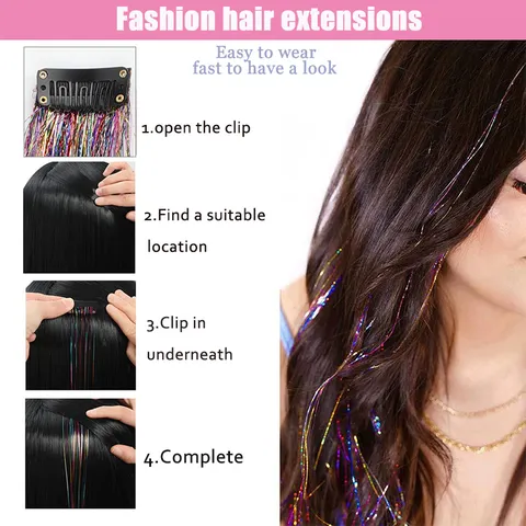 Laser Lametta Haarverlängerungen Clip In Glitzer Feen Haarsträhnen Für Damen Party Cosplay Mode Haarzubehör