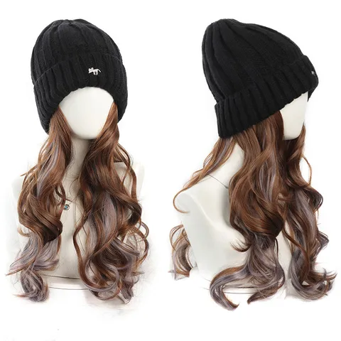 Women's Integrated Beanie Hat With Long Wavy Highlighted Wig Fox Embroidery Knitted Hat Warm Synthetic Hair Extension For Winter Fashion