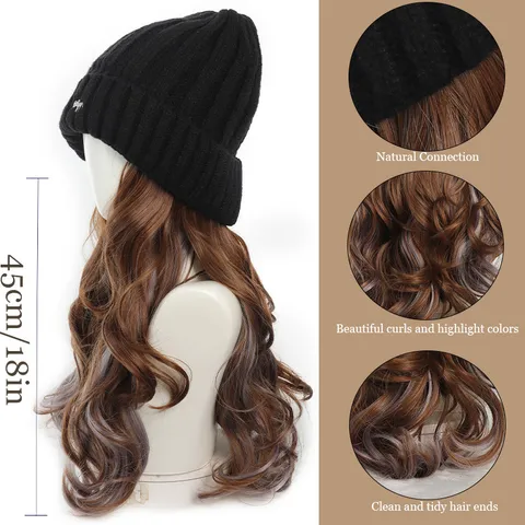 Women's Integrated Beanie Hat With Long Wavy Highlighted Wig Fox Embroidery Knitted Hat Warm Synthetic Hair Extension For Winter Fashion