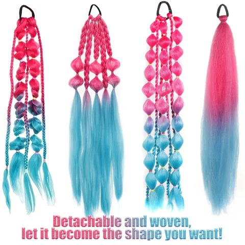 Gradient Multicolor Bubble Braid Wig Ponytail Long Braid Extension Bow Ribbon Synthetic Hair Extension For Women Party Daily Wear