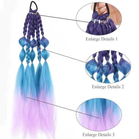 Gradient Multicolor Bubble Braid Wig Ponytail Long Braid Extension Bow Ribbon Synthetic Hair Extension For Women Party Daily Wear
