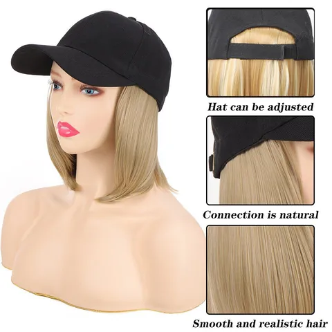 Women Fashion Canvas Baseball Cap With Short Straight Bob Wig Integrated Sun Protection Adjust Strap Outdoor Headwear