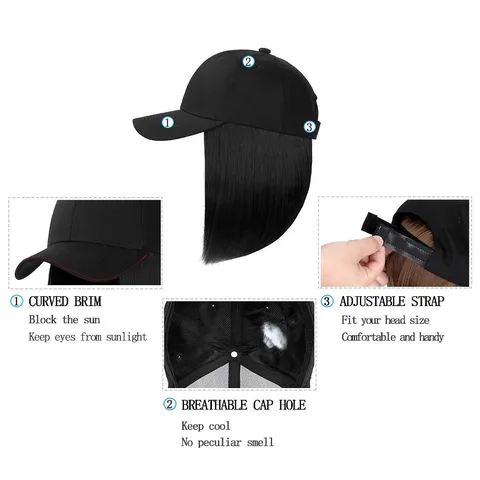 Fashion Casual Women Baseball Cap With Short Straight Bob Wig Synthetic Hair Inner Buckle Extension Hat