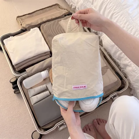 Portable Travel Shoe Bag Modern Minimalist Contrast Color Dustproof Shoe Pouch Organizer With Handle Zipper Closure Fabric Shoe Storage Bag For Business Trip Vacation Unisex