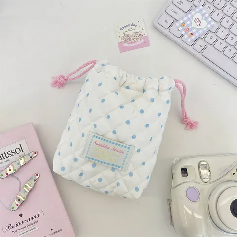 Quilted Polka Dot Drawstring Bag Polyester Camera Storage Pouch Jewelry Digital Gadget Organizer Small Accessories Travel Bag