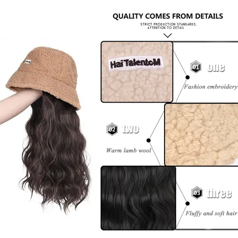 Long Water Wave Synthetic Wig Integrated With Lambswool Fleece Bucket Hat For Women Warm Winter Autumn Headwear Hair Piece