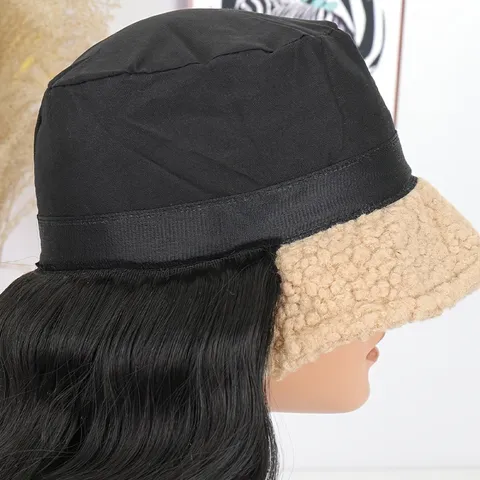 Long Water Wave Synthetic Wig Integrated With Lambswool Fleece Bucket Hat For Women Warm Winter Autumn Headwear Hair Piece