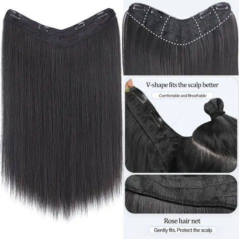 Pièce d'Extension de Cheveux en V pour Femmes Longue Lisse Fibre Synthétique Postiche Résistant à la Chaleur Pinces Invisibles Extension de Cheveux Quotidien Fête