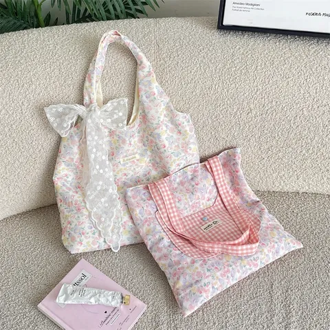 Vrouwen Zoet Kattenoor Geruit Zak Bloemen Polyester Tote Bag Dagelijks Pendelen Opslag Schoudertas Handtas Met Kant Strik