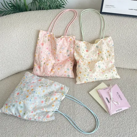 Koreanischer Stil Polyester Blumen Gestickt Umhängetasche Lässig Offen Weich Tote Unterarmtasche Stoff Handtasche Für Damen Reisen