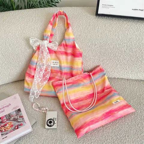 Women Dopamine Colorful Tie-Dye Striped Canvas Bag Sweet Lace Bowknot Shoulder Bag Casual Large Capacity Vest Tote Bag For Vacation Shopping