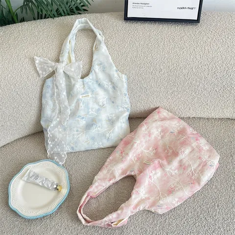 Sweet Tie Dye Flower Embroidered Canvas Shoulder Bag Elegant Lace Bowknot Strap Tote Handbag Gentle Soft Vest Bag For Women Daily Wear