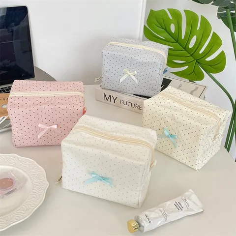 Trousse à Maquillage en Tissu à Pois Style Coréen avec Nœud Organisateur de Bureau Portable Voyage pour Femme