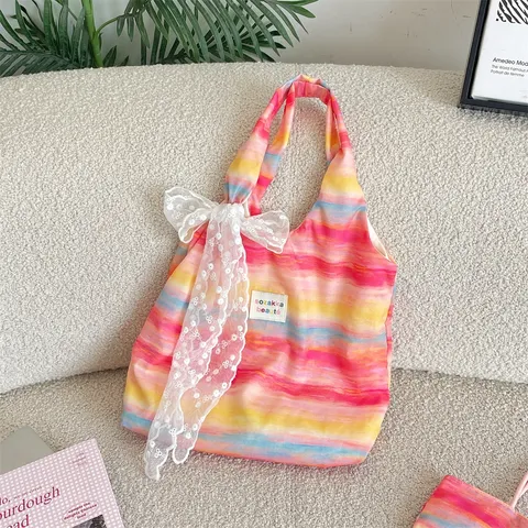 Women Dopamine Colorful Tie-Dye Striped Canvas Bag Sweet Lace Bowknot Shoulder Bag Casual Large Capacity Vest Tote Bag For Vacation Shopping