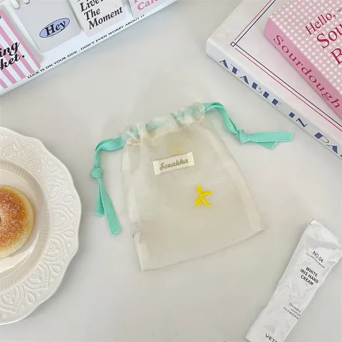 Minzgrün Mesh Aufbewahrungstasche Bestickte Schleife Kordelzugband Kosmetikproben Beutel Reise-Organizer Kleine Netztasche