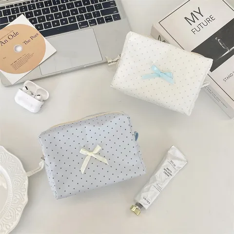 Trousse à Maquillage en Tissu à Pois Style Coréen avec Nœud Organisateur de Bureau Portable Voyage pour Femme