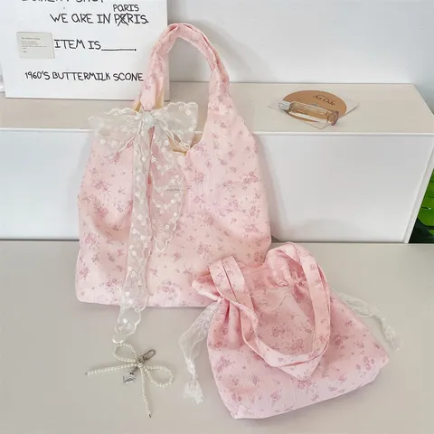 Süß Rosa Streublumen Polyester Umhängetasche Spitzenbesatz Schleife Offen Tote Handtasche Für Damen Frühling Sommer Lässig Täglich