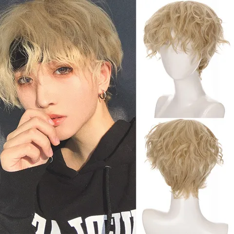 Men's Short Curly Wig Synthetic High Temperature Fiber Heat Resistant Breathable Rose Net Natural Hair For Cosplay Daily