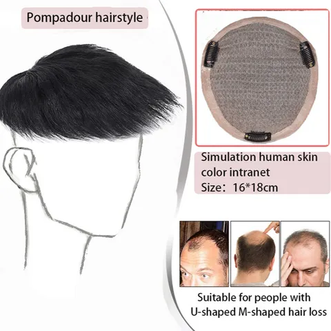 Natural Black Human Hair Toupee For Men Breathable Mesh Hairpiece Invisible Hair Extension Replacement Clip In Top Wig