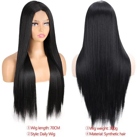 Women's Mid-Part Lace Front Long Straight Wig Heat Resistant Synthetic Hair Black Natural Hairline Wig For Daily Party Use