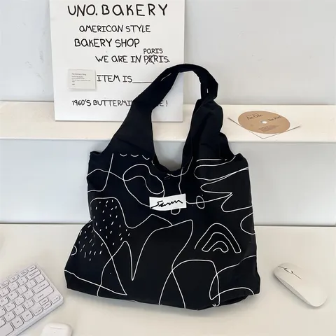 Borsa Tote in Tela Minimalista Con Linea Astratta Disegnata a Mano Borsa a Spalla di Grande Capacità Con Stampa Serigrafica Artistica Nero Per Scuola Quotidiano Donna Uomo