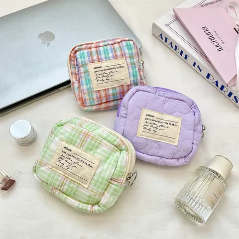 Sac de Rangement Matelassé Carré Mini Organisateur de Maquillage pour Femmes Pochette de Bureau à Motifs Floraux et Carreaux