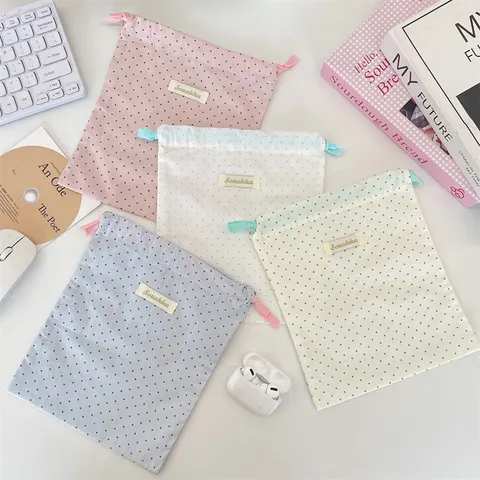 Ins Einfache Polka Dot Stoff Aufbewahrungstasche Tragbarer Kordelzugbeutel Für Studenten Schreibwaren Kosmetik Reise Organizer Tasche