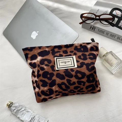 Vintage Polyester Leopardenmuster Kosmetiktasche Retro Horizontales Quadrat Kulturbeutel Aufbewahrungstasche Mit Reißverschluss Für Damen Reise