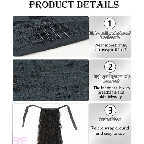 Women Corn Wave Ponytail Extension Synthetic High Temperature Fiber Tie On Long Wavy Hairpiece With Lace Net For Daily Party
