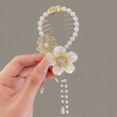 Pinza para el Pelo Elegante de Aleación con Mariposa y Flores Con Borla Perlas Artificiales Strass Pinza de Moño para Mujer Accesorio de Peinado
