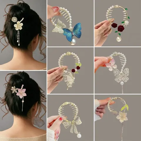 Pinza para el Pelo Elegante de Aleación con Mariposa y Flores Con Borla Perlas Artificiales Strass Pinza de Moño para Mujer Accesorio de Peinado